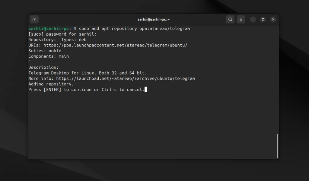Telegram на Ubuntu 24.04: 3 рабочих способа установки